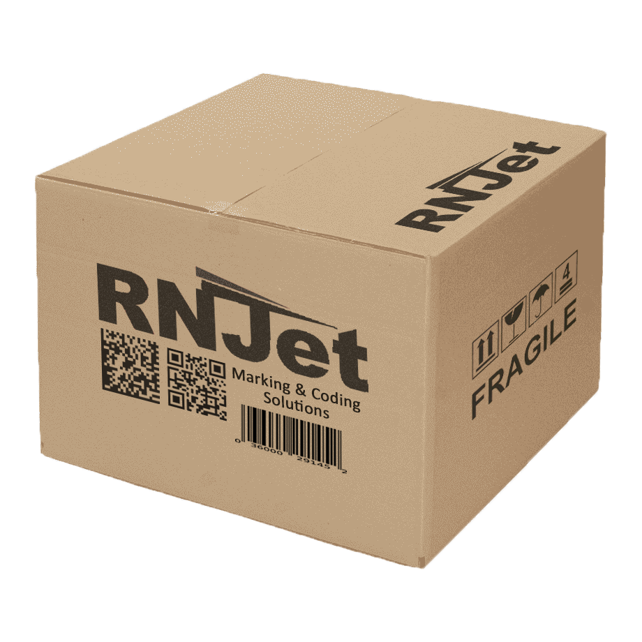 Carton box with print of barcodes, logos made by inline inkjet printer
