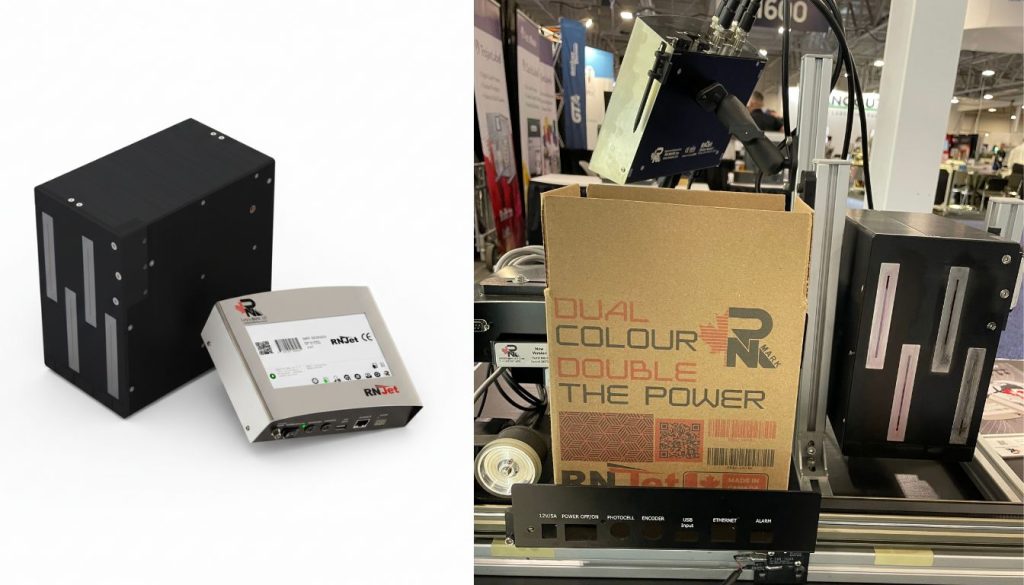 rnjet 140 bc industrial printer marking on cardboard box in dual colour